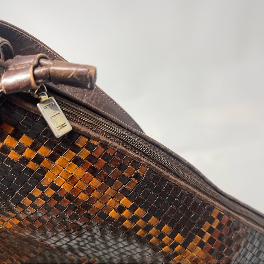 Vintage CEM Woven Leather Shoulder Bag | Brown Check | Boho Artisan Tote - Picture 11 of 13